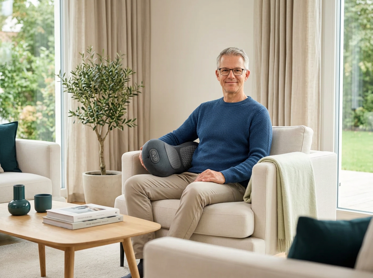 Aktiver Mann mit dem OrthoVital Pro Massagekissen zu Hause
